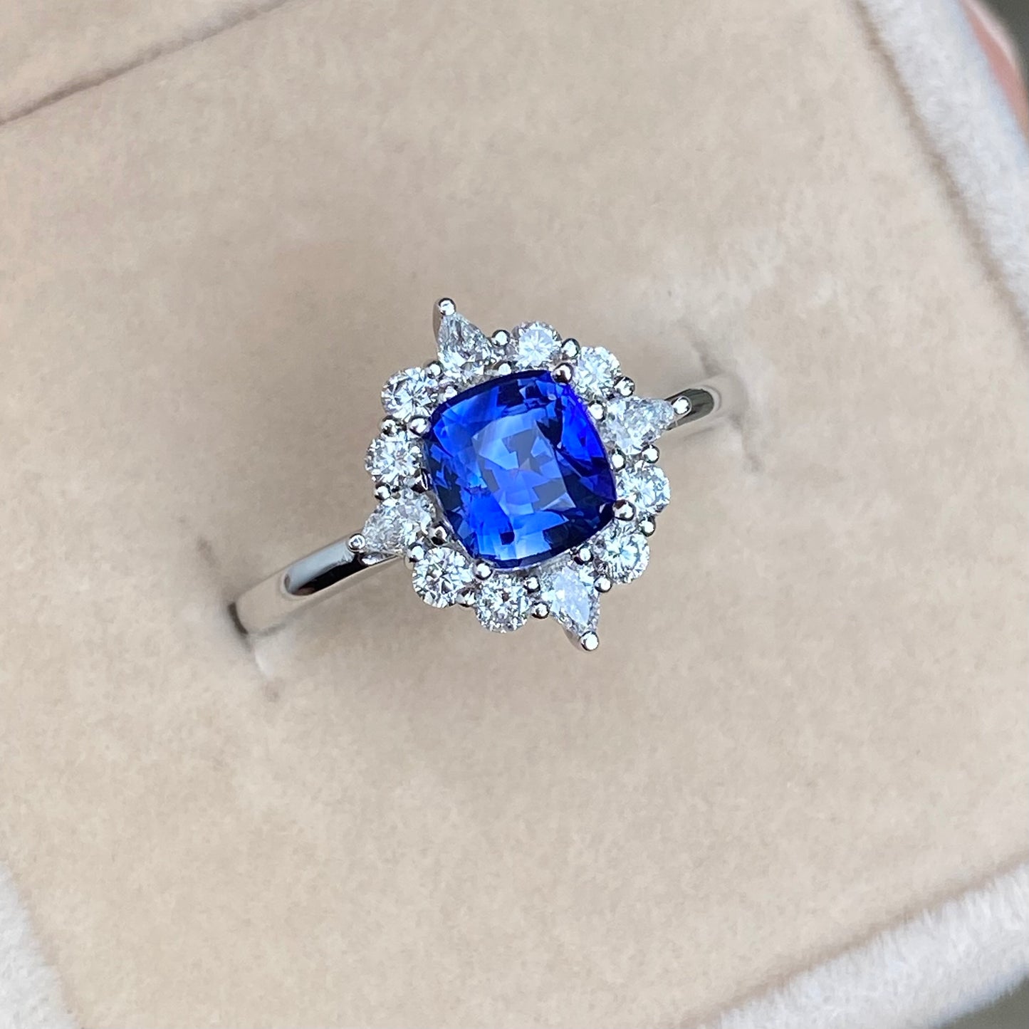 Ceylon Blue Sapphire Ring, Fairy Engagement ring, Blue Sapphire White Gold Ring, Sunburst Diamond Ring