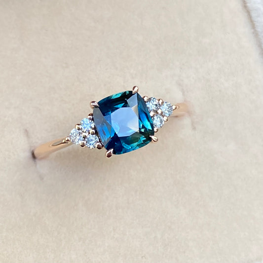 Cushion Cut Teal Sapphire Engagement Ring, Blue Green Sapphire ring
