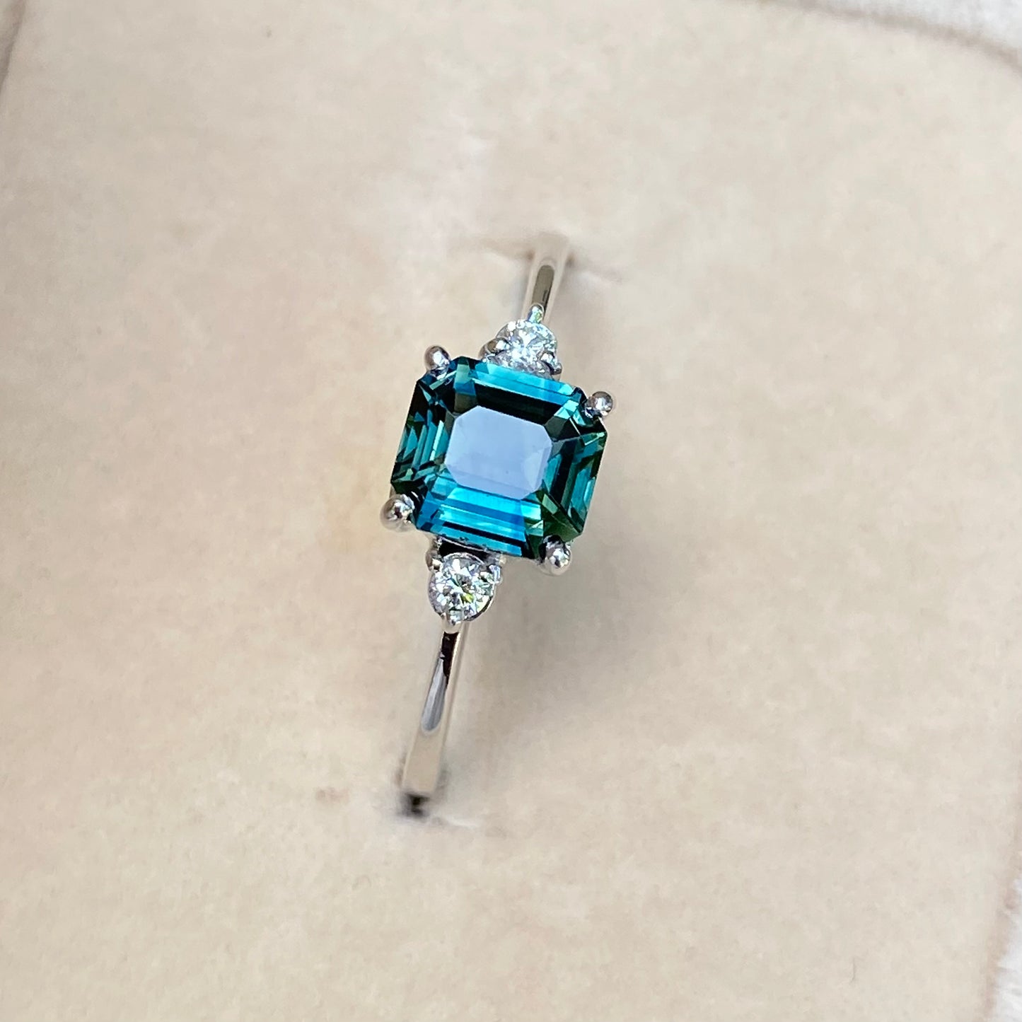Teal Sapphire three stone Engagement ring 14K White Gold