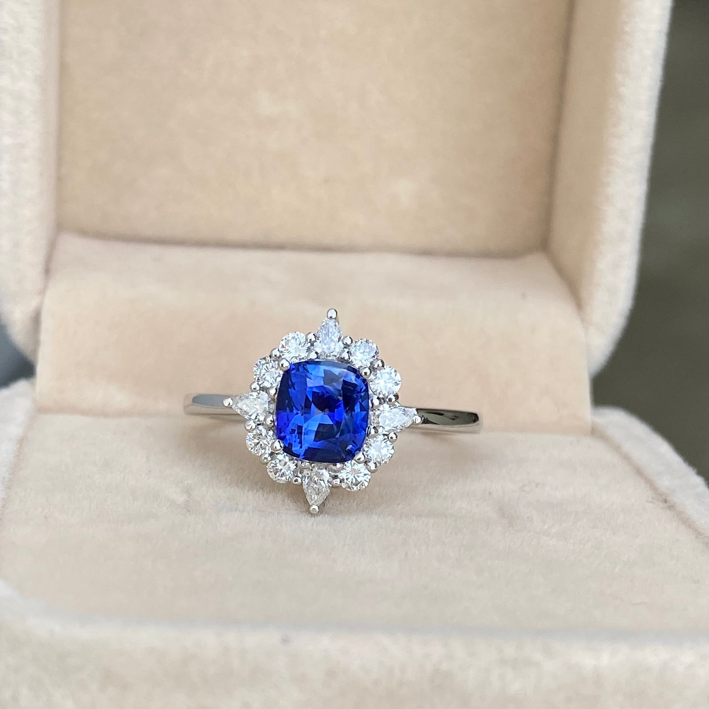 Ceylon Blue Sapphire Ring, Fairy Engagement ring, Blue Sapphire White Gold Ring, Sunburst Diamond Ring