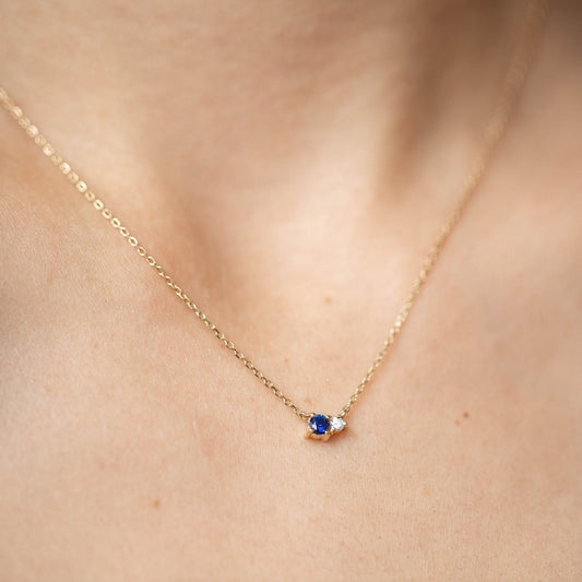 Natural Blue Sapphire & Diamond Necklace for Women 14K Solid Gold
