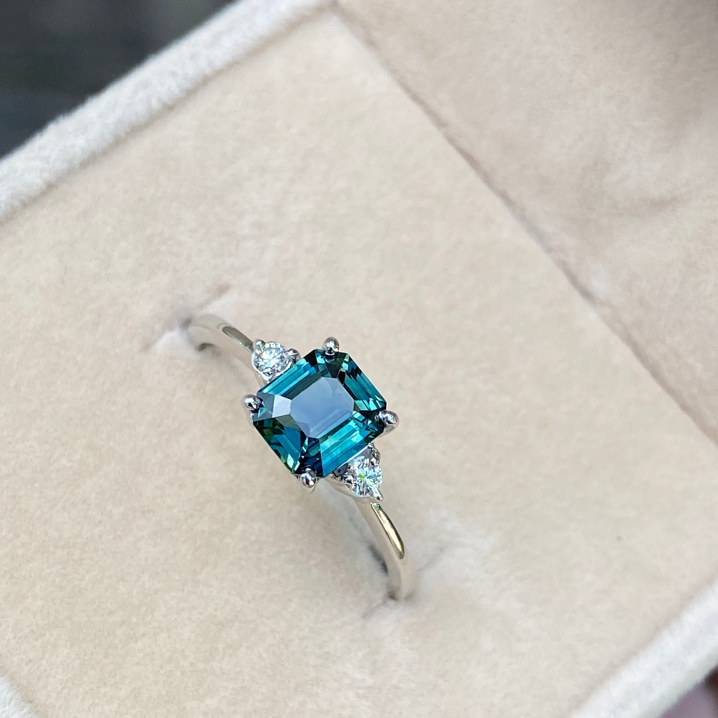 Teal Sapphire three stone Engagement ring 14K White Gold