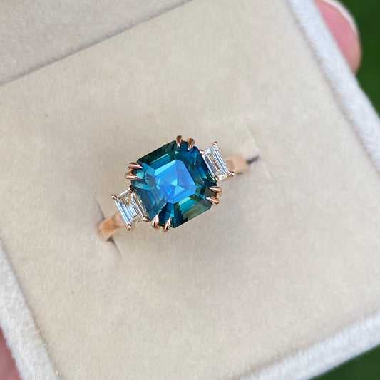 3 carat Teal Sapphire Ring, Baguette Diamond Three Stone Engagement Ring