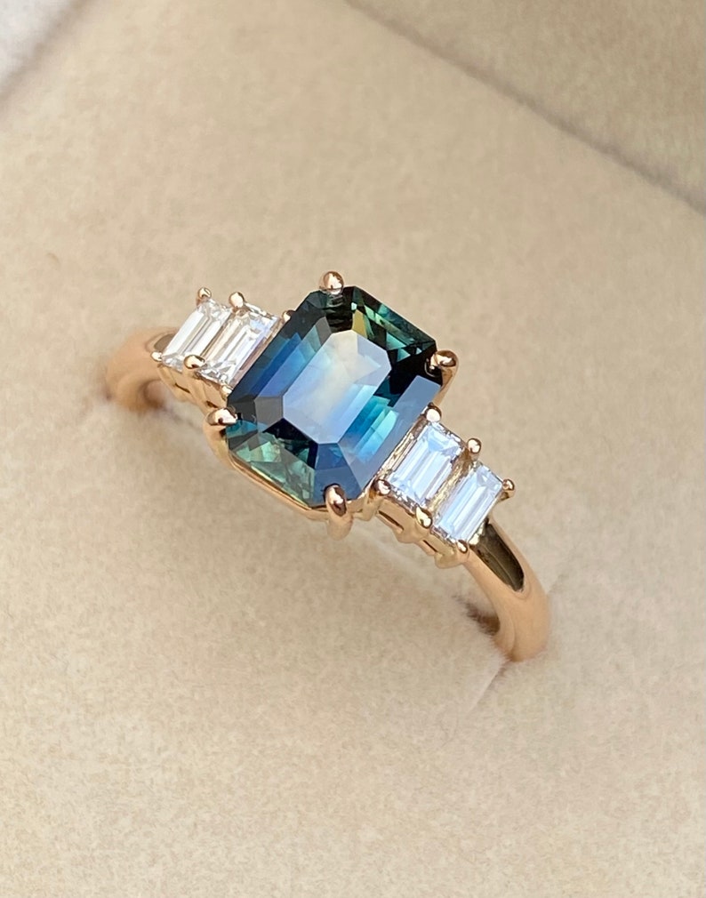 Blue Green Sapphire Diamond Engagement Ring 14K Rose Gold