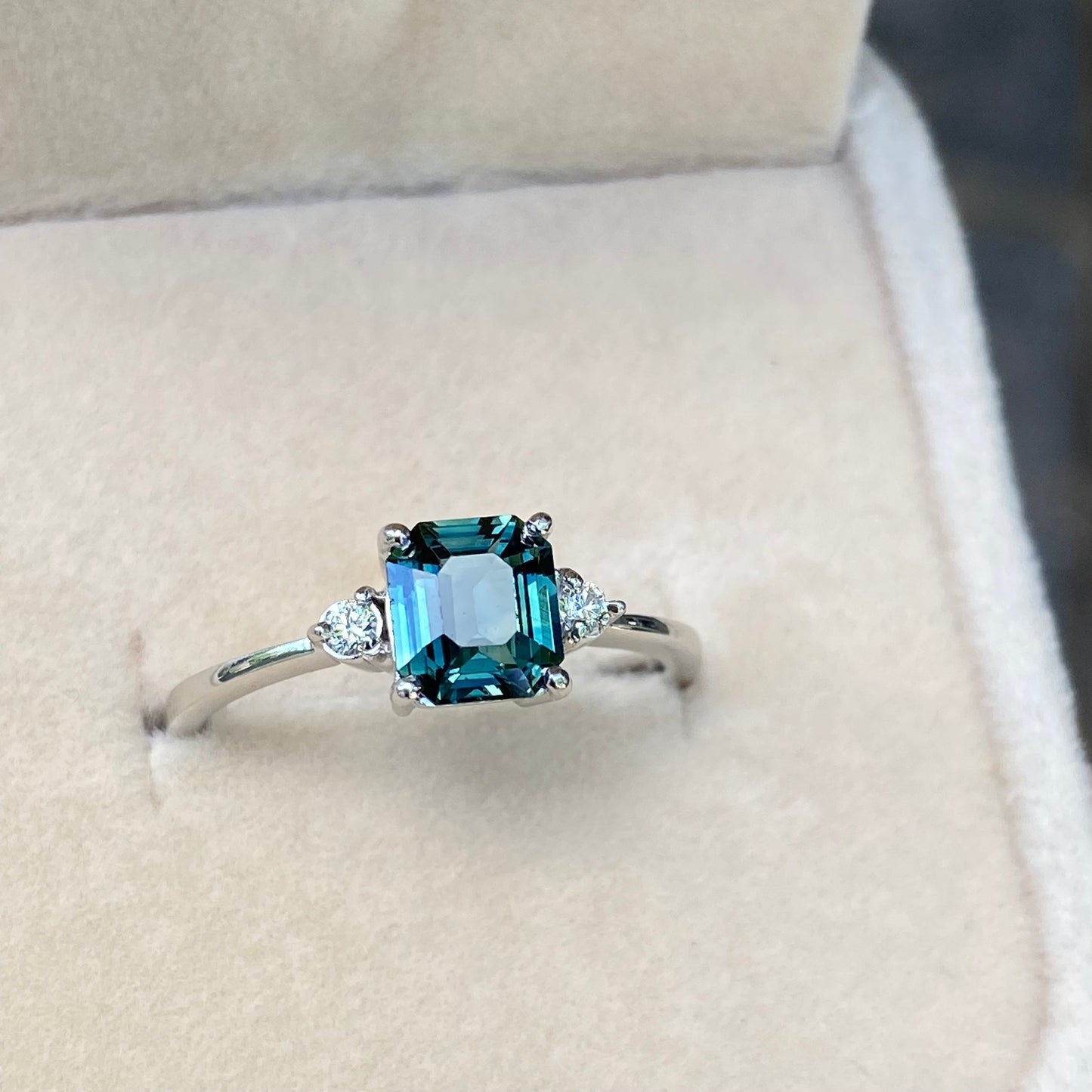 Teal Sapphire three stone Engagement ring 14K White Gold