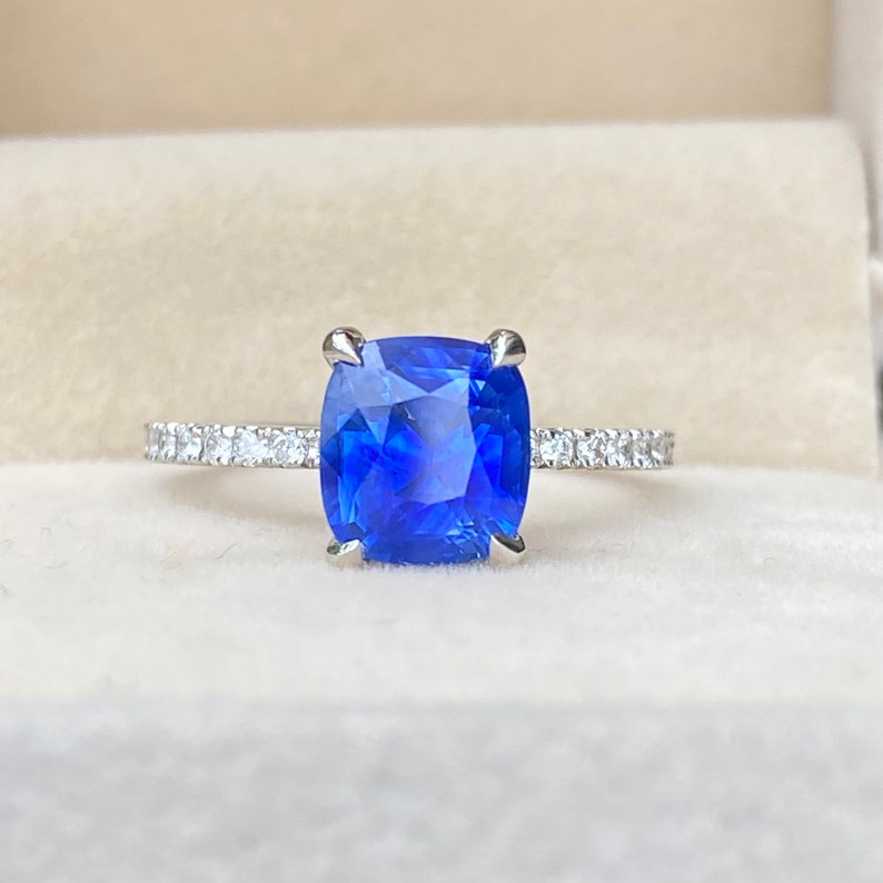 Ceylon Blue Sapphire Diamond Engagement Ring 14K White Gold