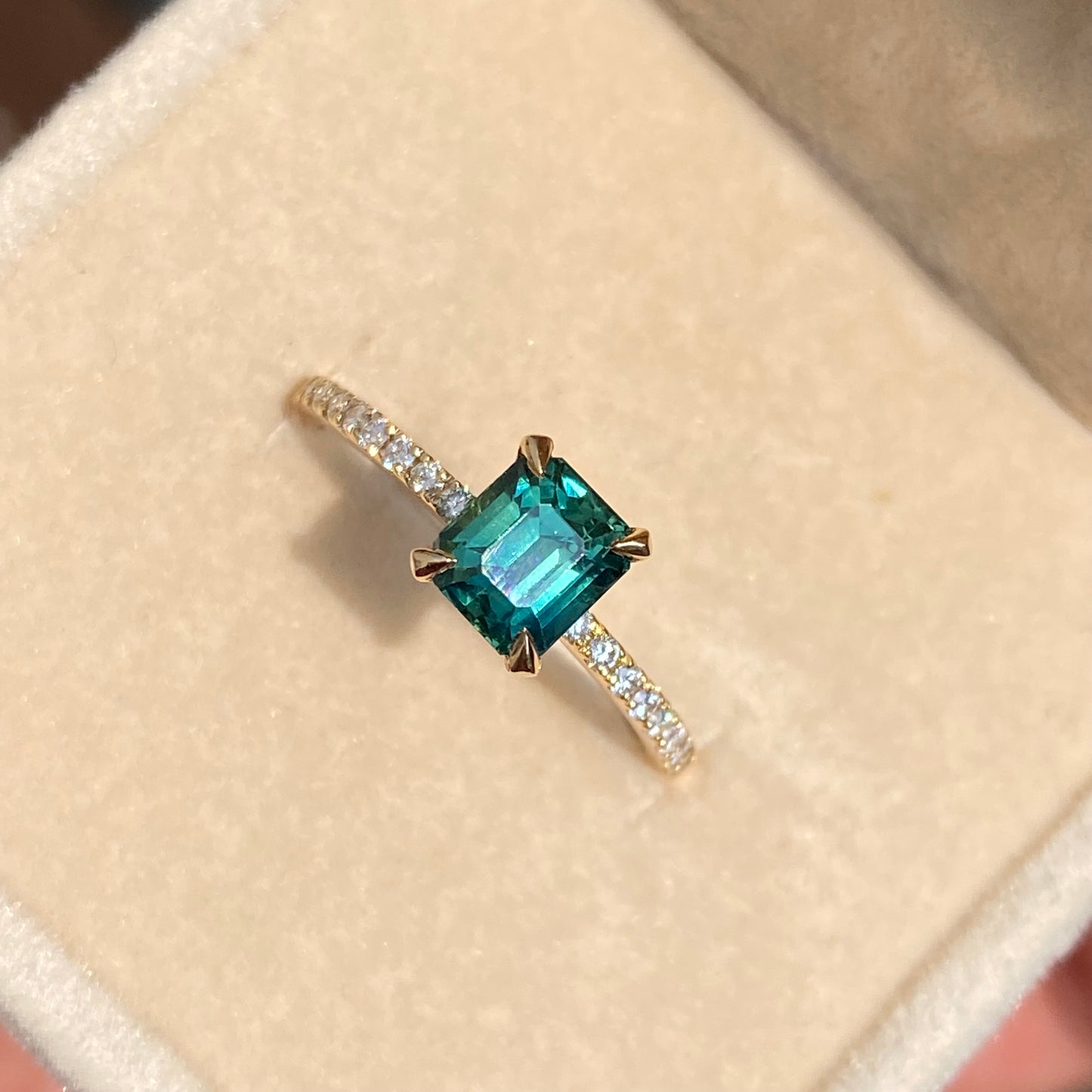 Natural Teal Sapphire Diamond Pave band Engagement Ring