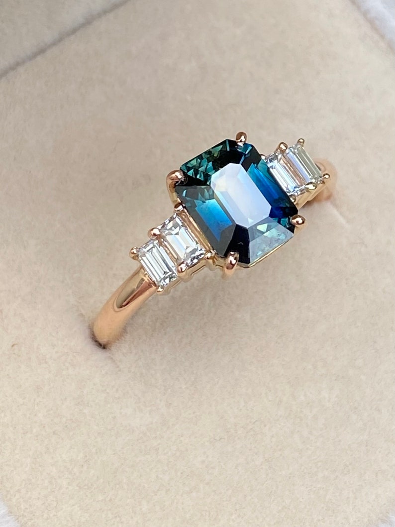 Blue Green Sapphire Diamond Engagement Ring 14K Rose Gold