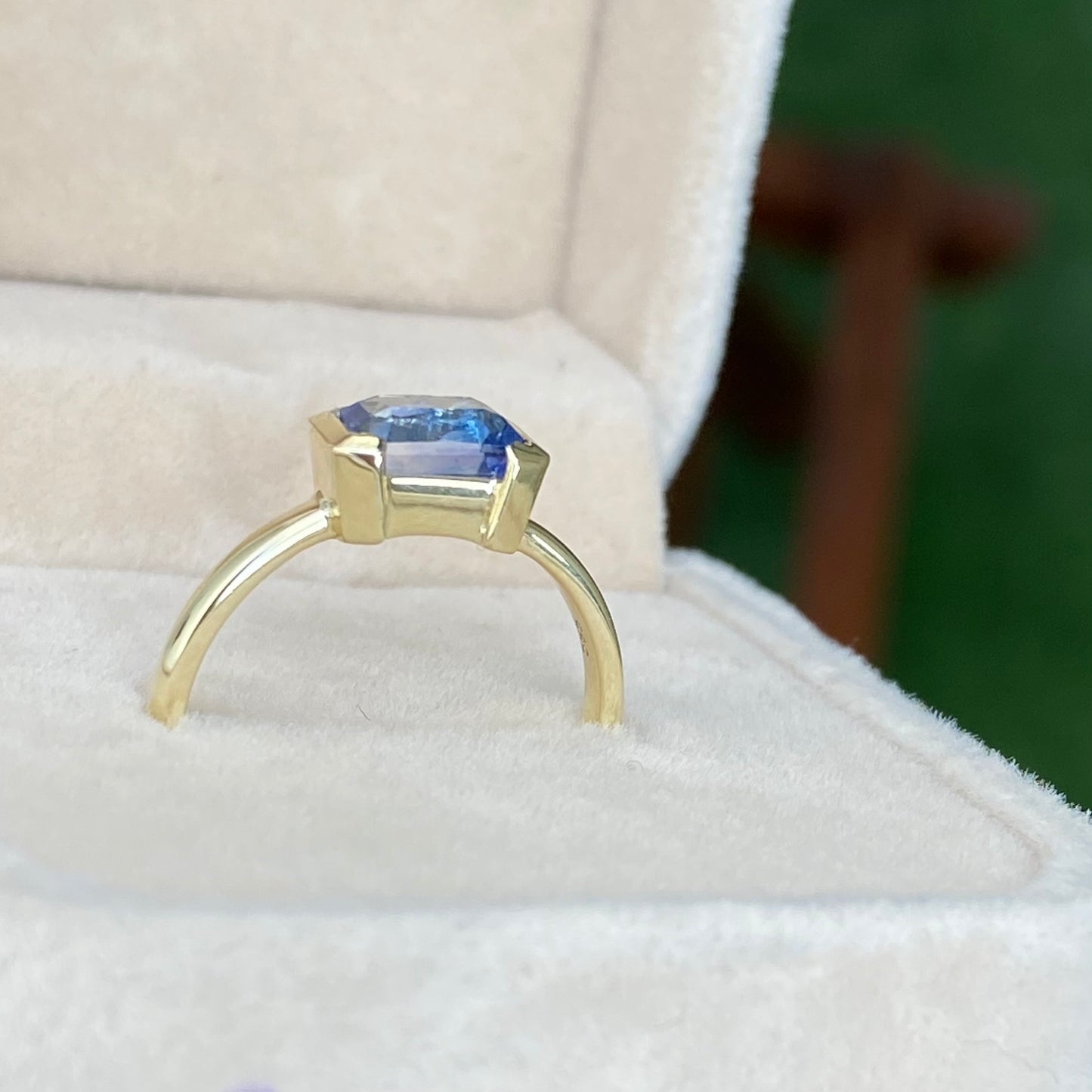 Ceylon Blue Sapphire Ring / East West Engagement Ring / Half Bezel Ring, Natural Blue Sapphire