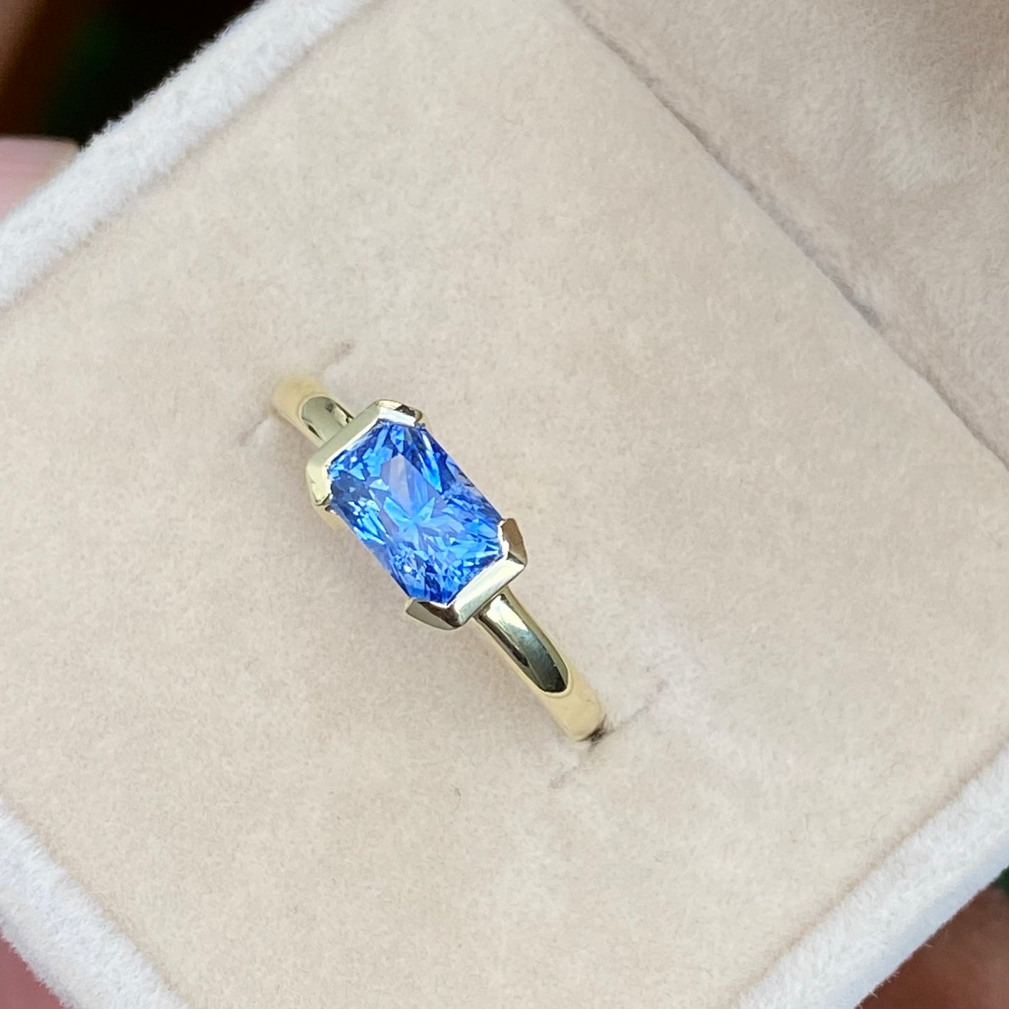 Ceylon Blue Sapphire Ring / East West Engagement Ring / Half Bezel Ring, Natural Blue Sapphire