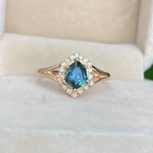 Teal Sapphire Engagement Ring, 14K Rose gold Diamond halo Ring