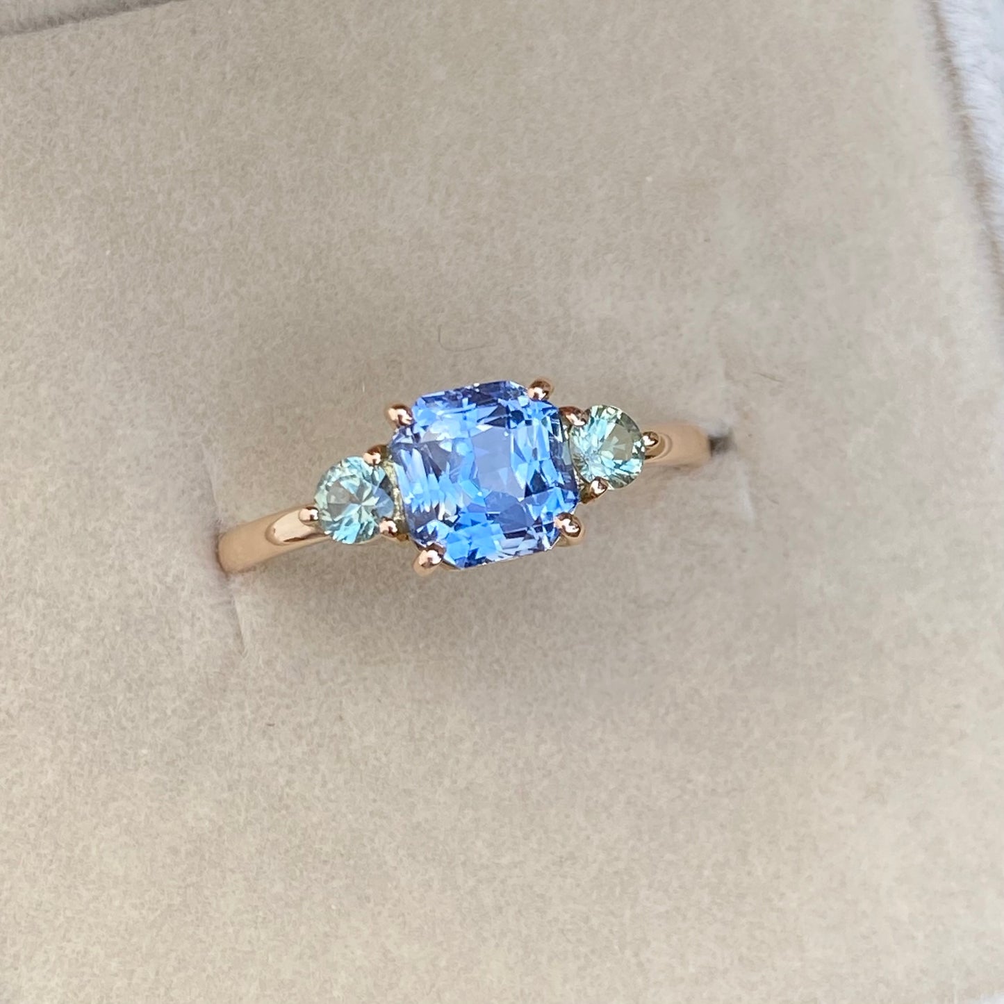 Light Blue Sapphire ring, Ceylon Sapphire Three stone ring, 14k Rose gold Engagement Ring