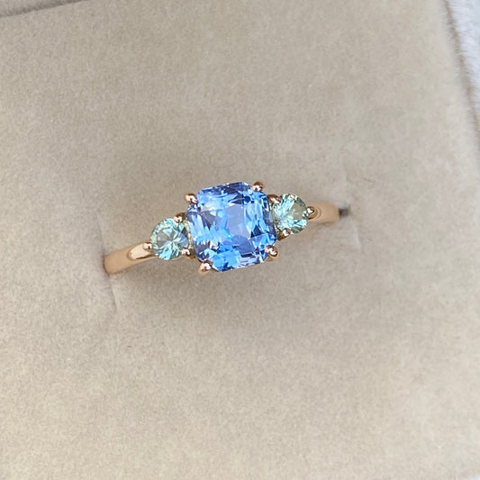 1.50 ct Light Blue Ceylon Sapphire ring,  14k Rose gold Three stone  Engagement Ring