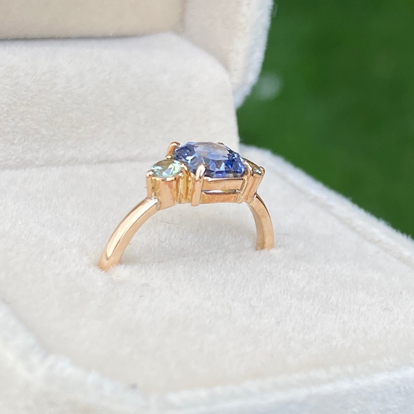 Light Blue Sapphire ring, Ceylon Sapphire Three stone ring, 14k Rose gold Engagement Ring