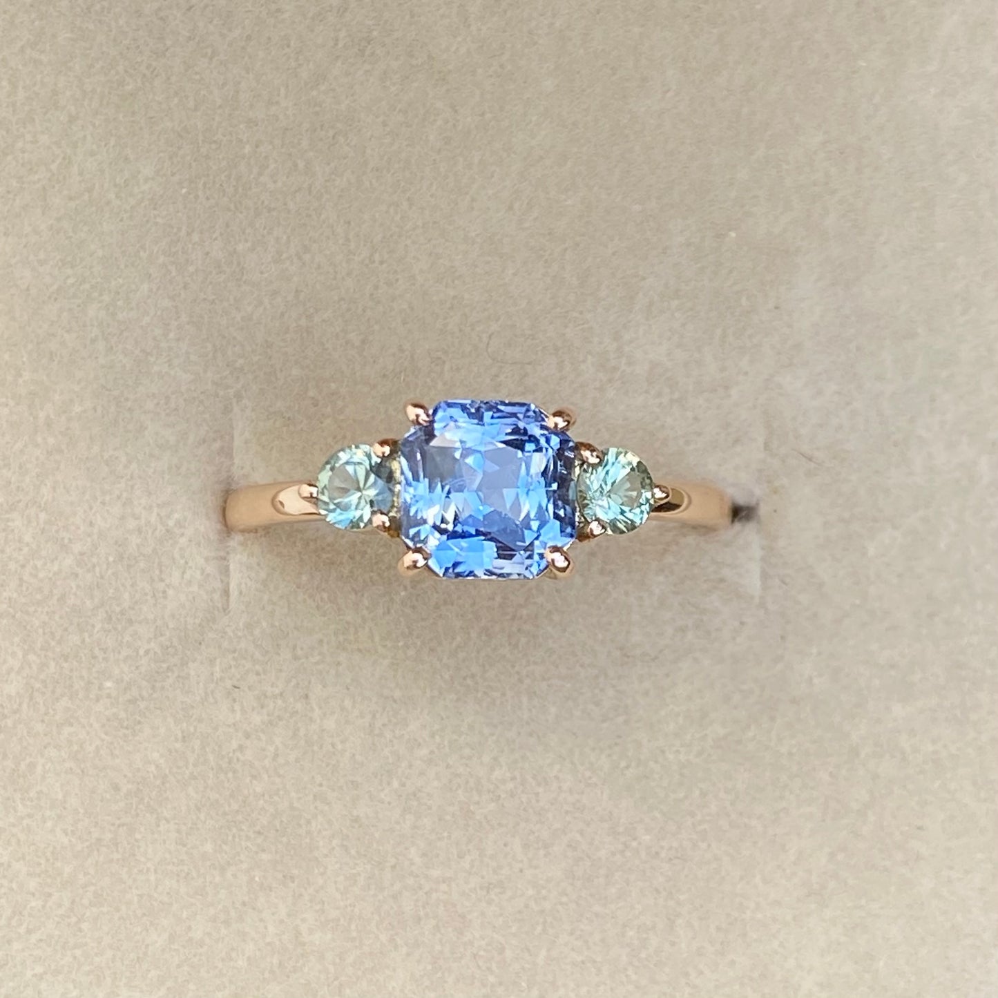 Light Blue Sapphire ring, Ceylon Sapphire Three stone ring, 14k Rose gold Engagement Ring