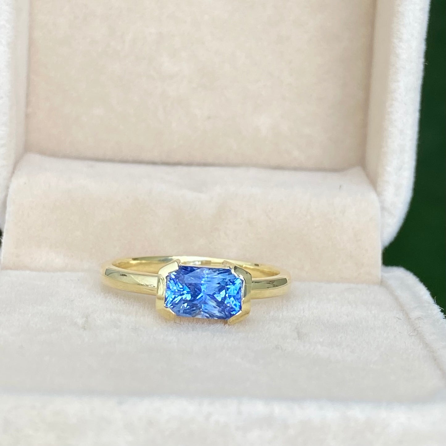 Ceylon Blue Sapphire Ring / East West Engagement Ring / Half Bezel Ring, Natural Blue Sapphire