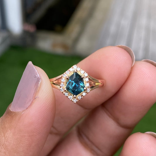 1.40 ct Teal Sapphire Engagement Ring, 14K Rose gold Diamond halo Ring