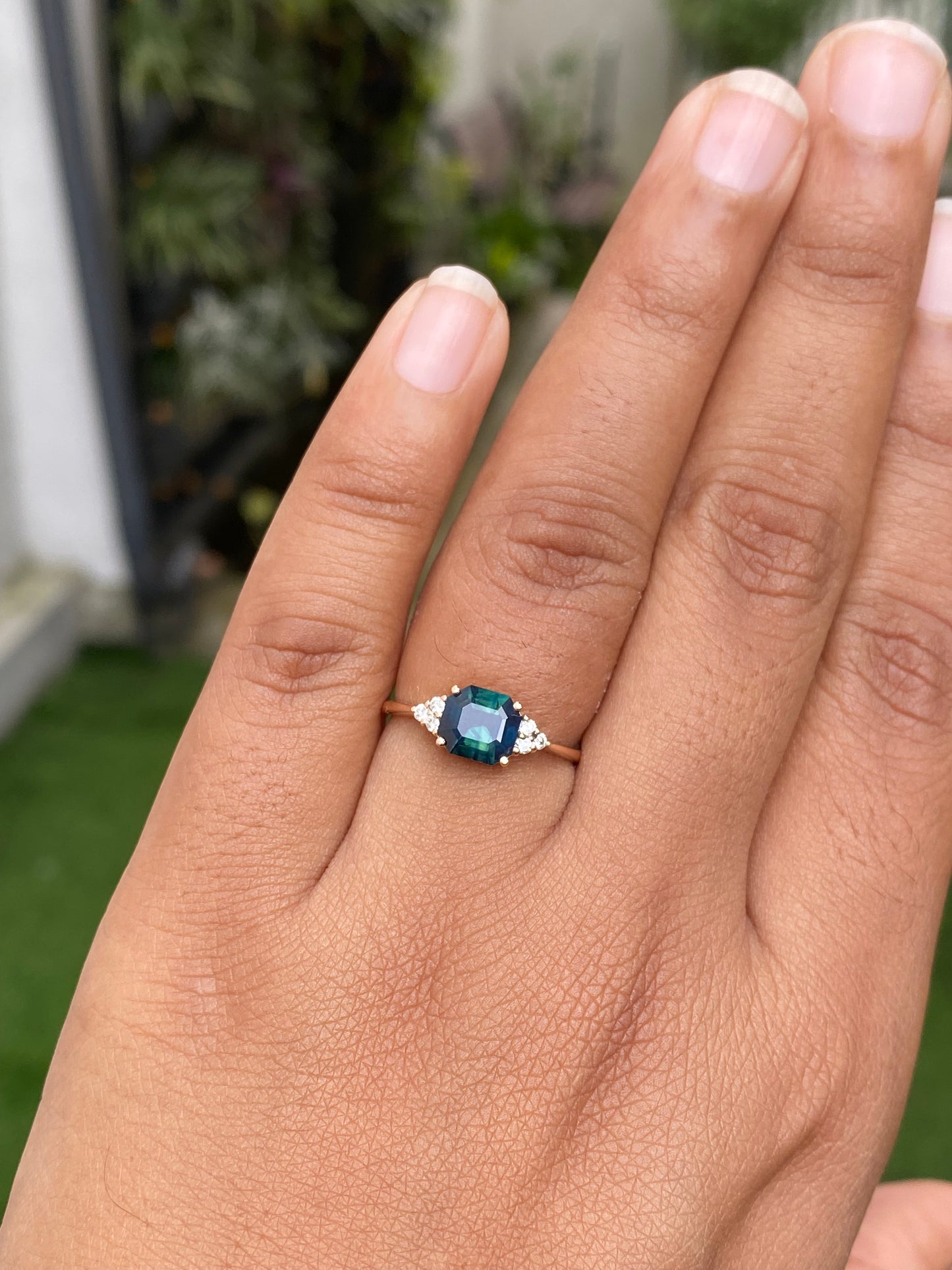 Dark Blue Green Sapphire Engagement Ring 14K Rose Gold