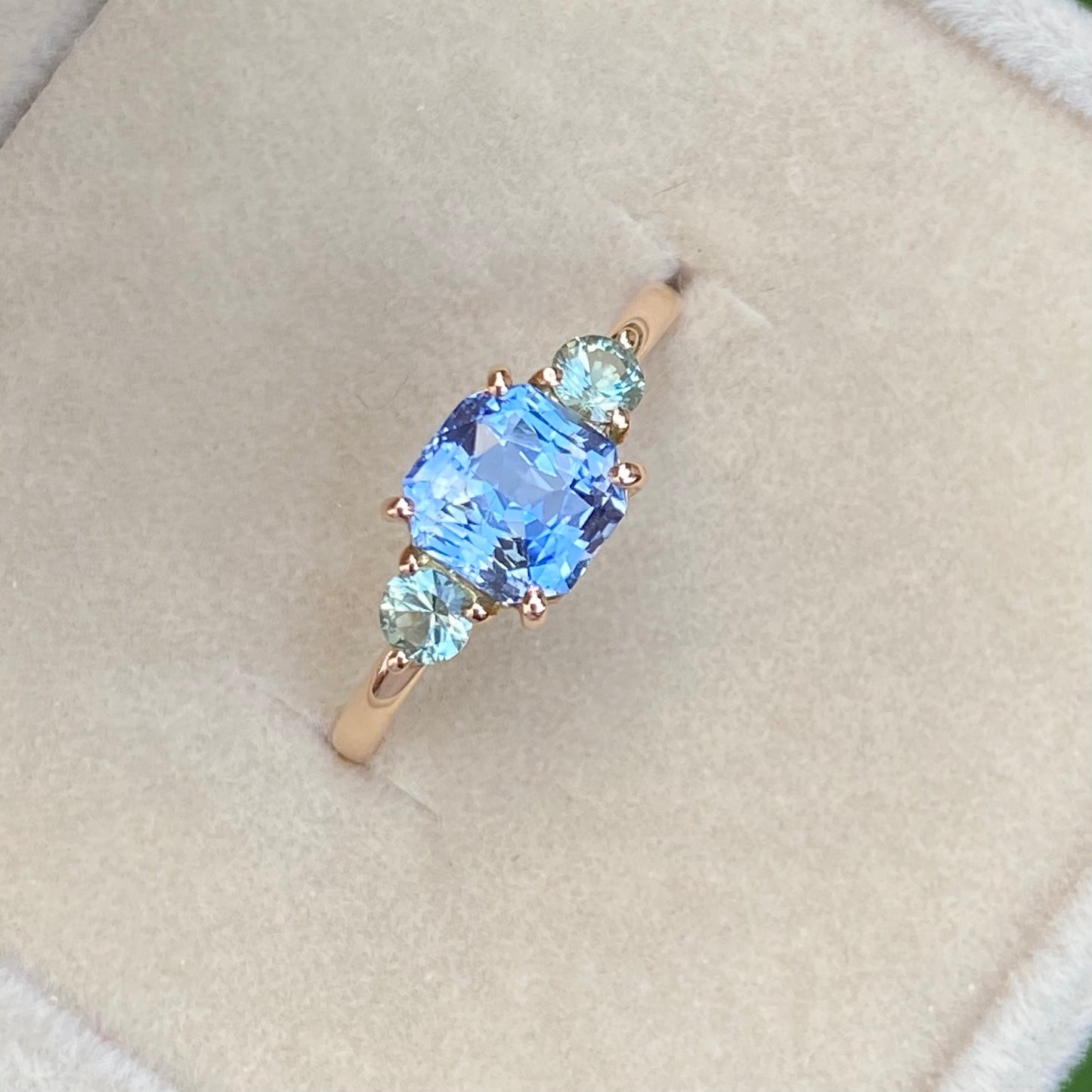 Light Blue Sapphire ring, Ceylon Sapphire Three stone ring, 14k Rose gold Engagement Ring