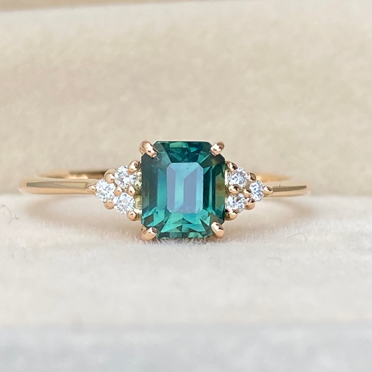 Natural Green Sapphire Engagement Ring, Teal sapphire Diamond Ring, Anniversary Ring for wife. 