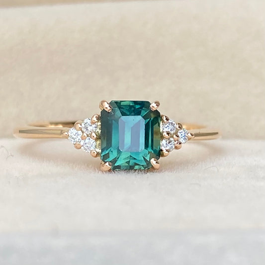 Natural Green Sapphire Engagement Ring, Teal sapphire Diamond Ring, Anniversary Ring for wife. 